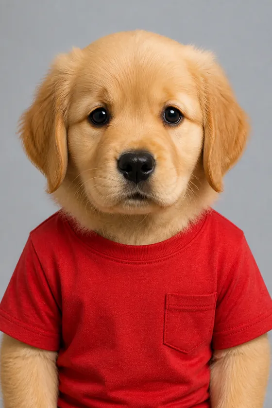 The reference: a saved character, a golden retriever with a child’s body in a red T-shirt, front view