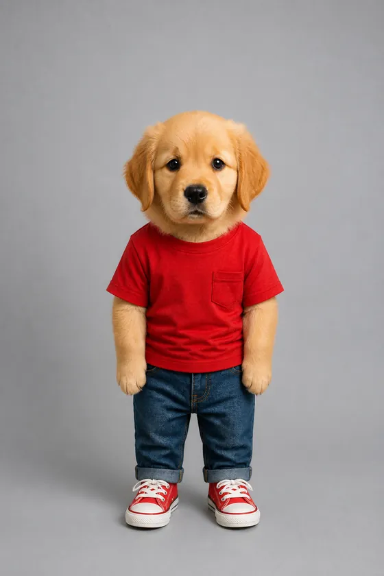 Full body view of the character Subu, a golden retriever with a child’s body