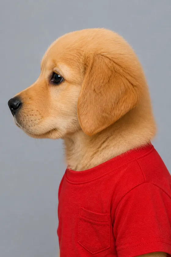Profile view of the character Subu, a golden retriever with a child’s body