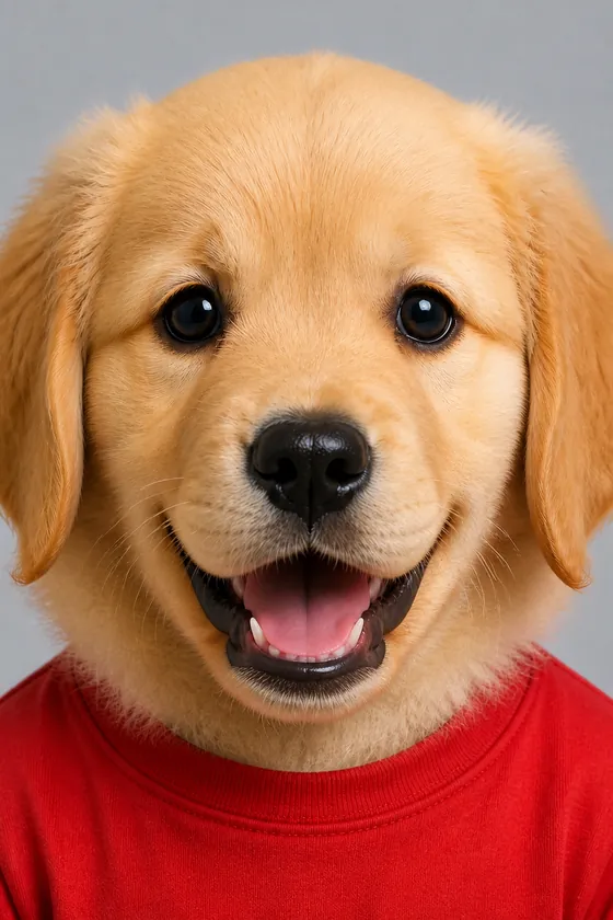 Smile view of the character Subu, a golden retriever with a child’s body