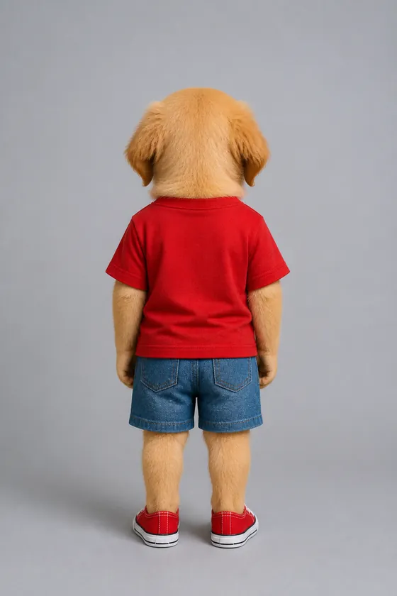 Standing back view of the character Subu, a golden retriever with a child’s body