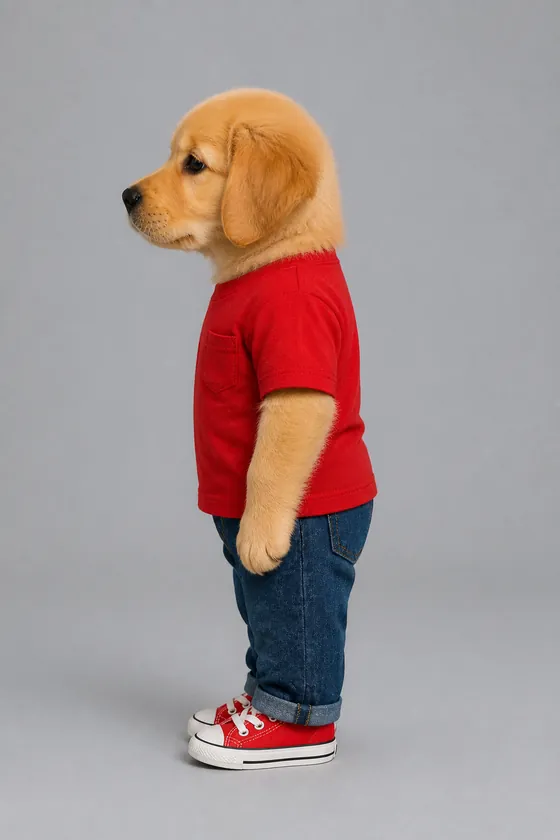 Standing profile view of the character Subu, a golden retriever with a child’s body