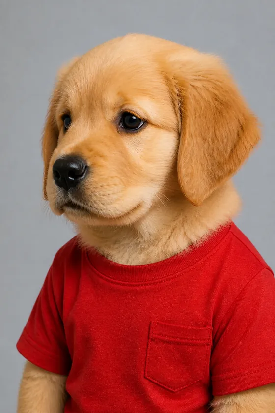 ¾ Left view of the character Subu, a golden retriever with a child’s body