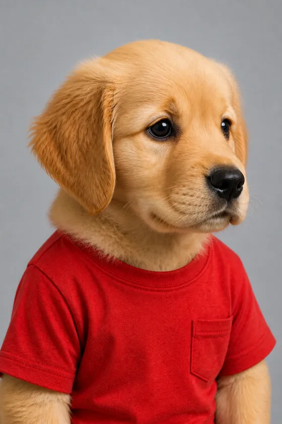 ¾ Right view of the character Subu, a golden retriever with a child’s body