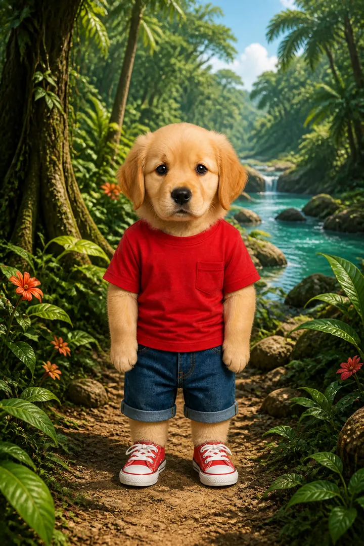 The same character standing on a path in an animated jungle, a river in the background
