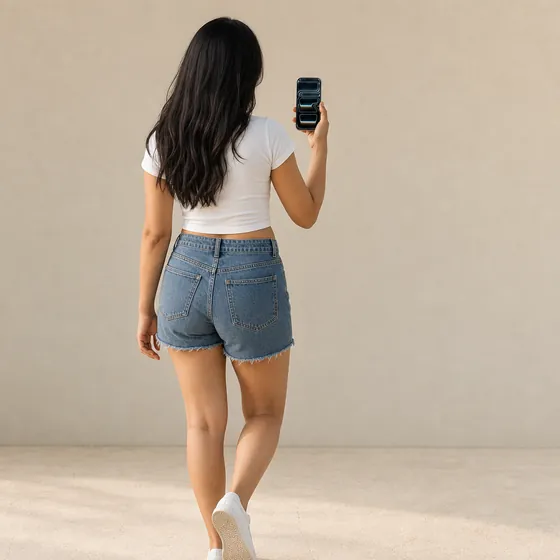 Back view of a phone, held by a model