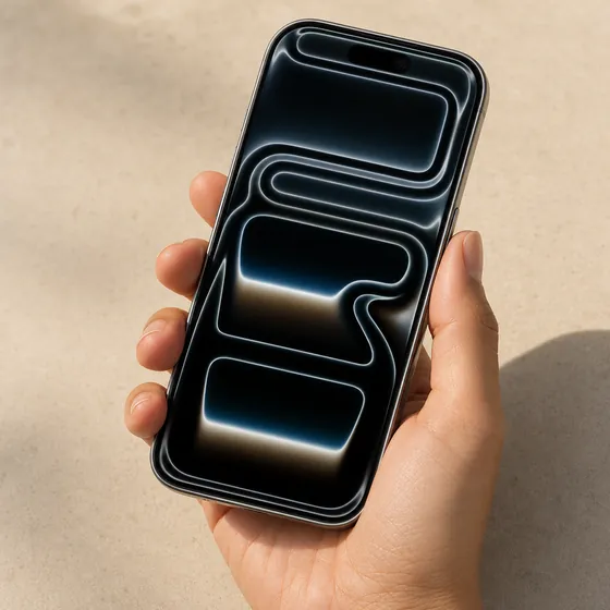 Detail view of a phone, held by a model