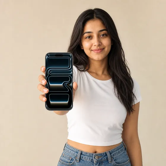 Front view of a phone, held by a model
