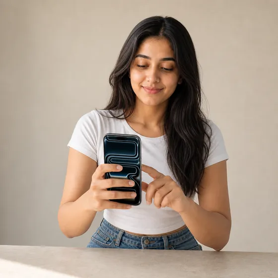 In use view of a phone, held by a model