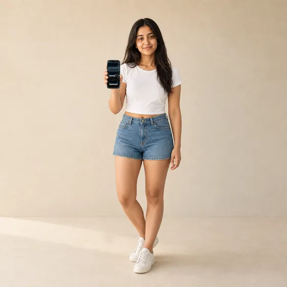 Scale view of a phone, held by a model