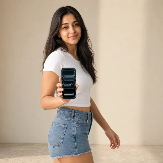 ¾ Left view of a phone, held by a model