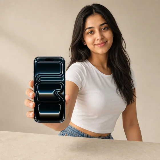 ¾ Right view of a phone, held by a model