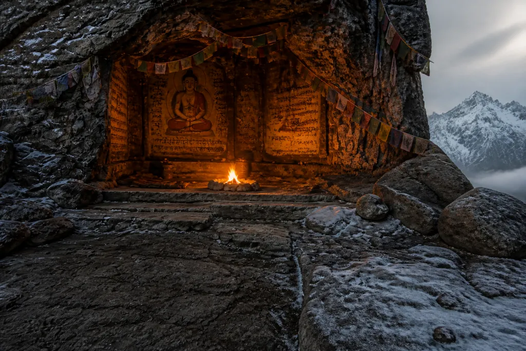 A meditation cave in the mountains lit by a bonfire: the entrance and approach