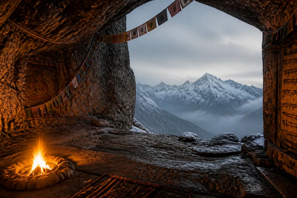 A meditation cave in the mountains lit by a bonfire: the far end, looking back across