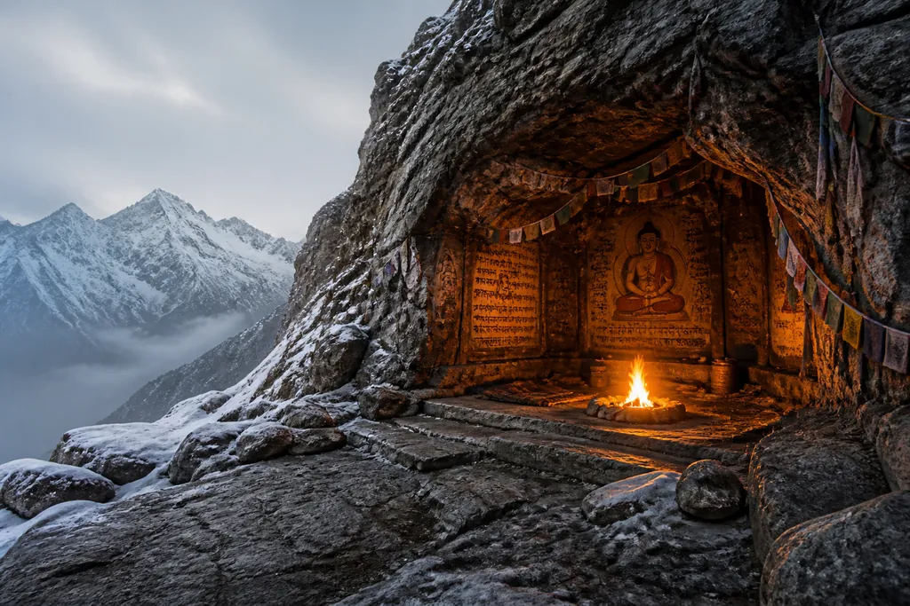 A meditation cave in the mountains lit by a bonfire: wide establishing shot, no characters