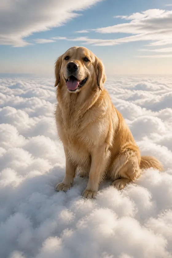 The keyframe: a golden retriever sitting on top of clouds