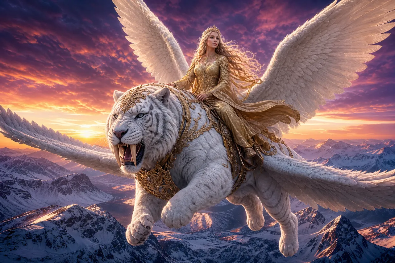 An angel in golden robes on a winged white sabertooth tiger above snowy mountains at dusk, rendered on GPT Image 2 (HD)