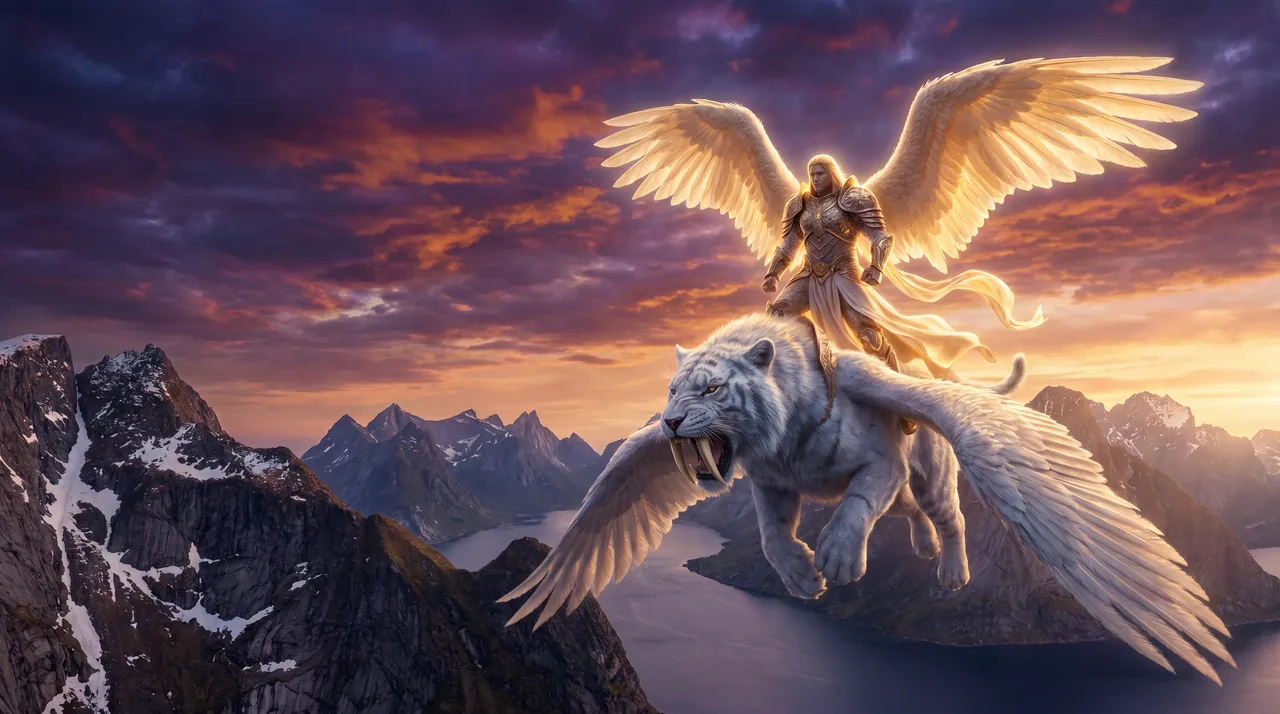 An angel riding a winged white sabertooth tiger above mountains at dusk