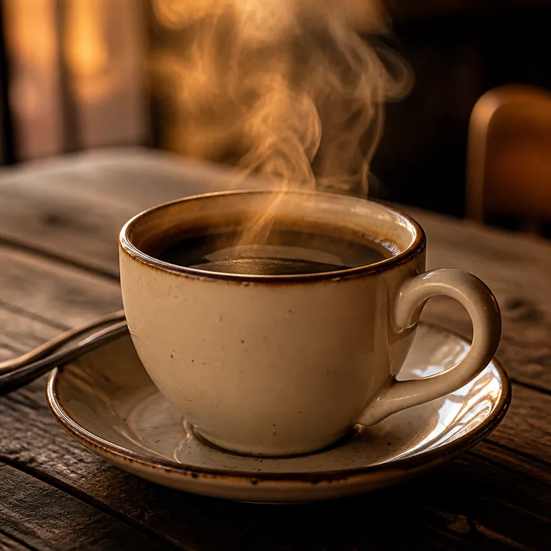 A steaming cup of coffee on a rustic wooden table in warm light