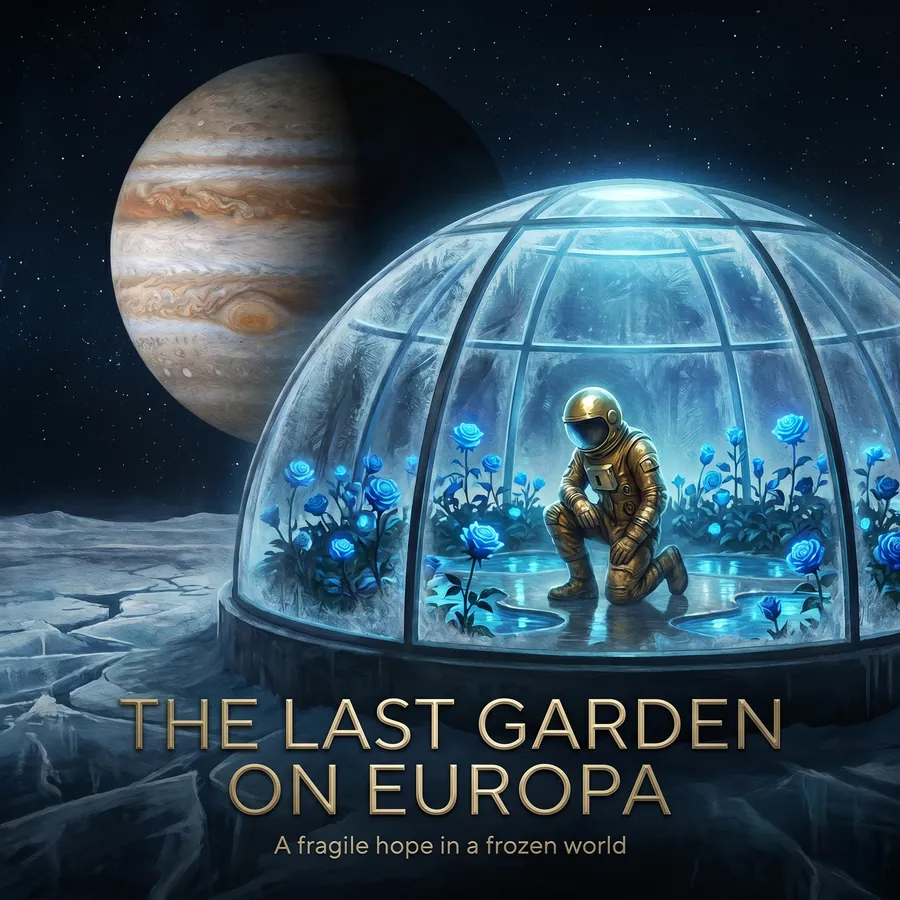 A science-fiction poster: a botanist in a gold suit inside a glass greenhouse beneath Jupiter, titled The Last Garden on Europa