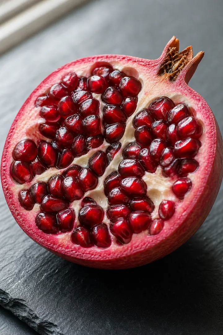 A ripe pomegranate cut in half on a slate surface in soft window light